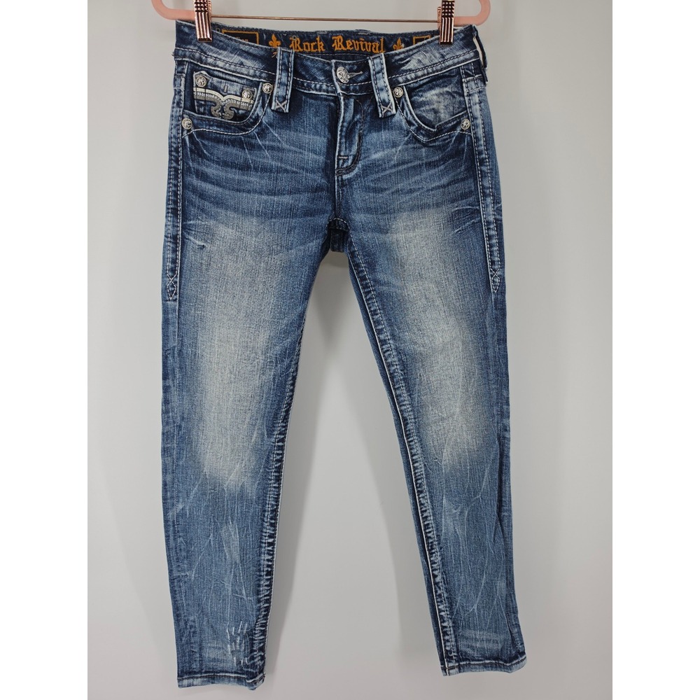 Rock Revival Vien Ankle Skinny Jeans Medium Wash Distressed Embroidered Size 27